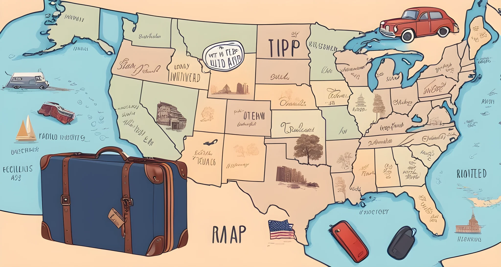 The image shows a map of the United States with highlighted road trip destinations, as well as a packed suitcase and a car key.