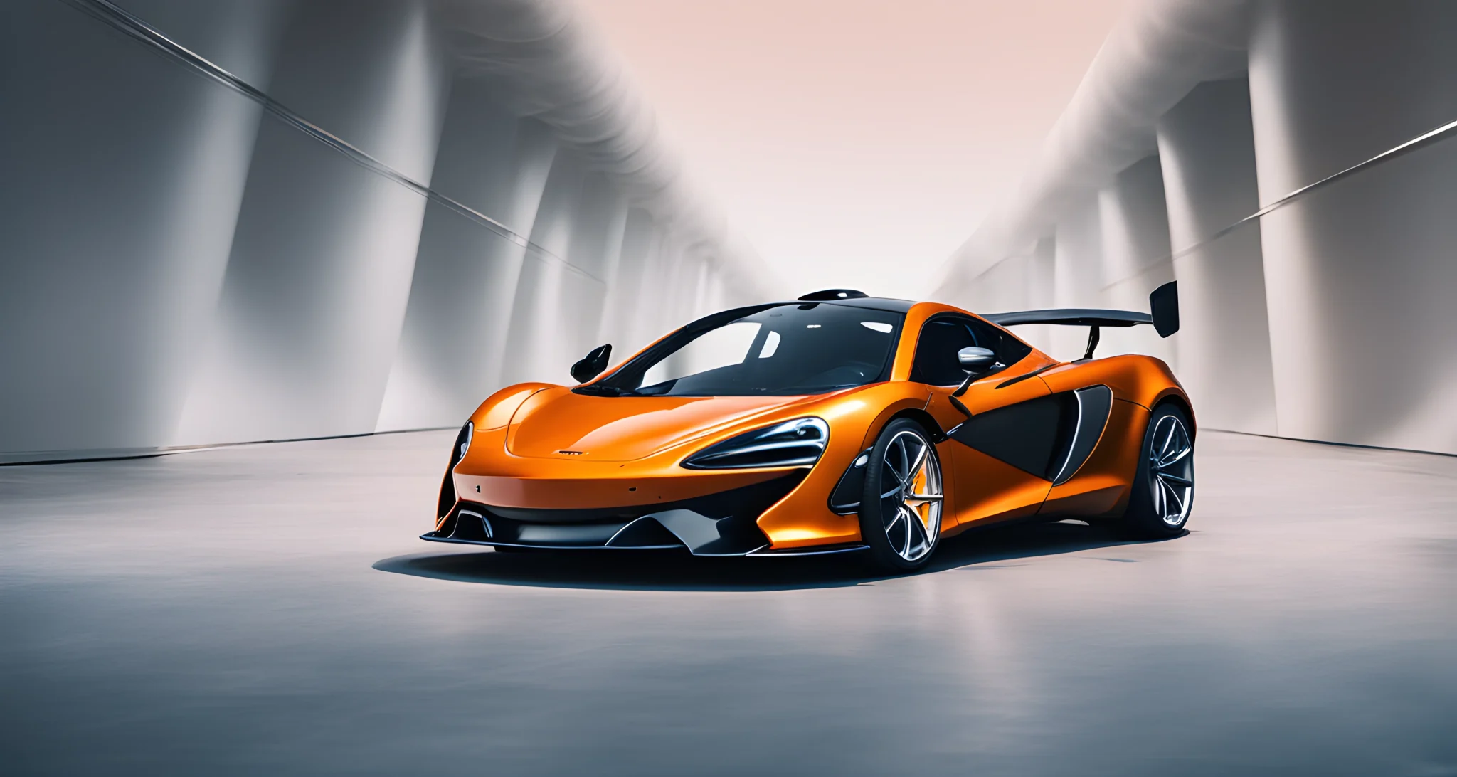 The image shows a McLaren sports car with advanced aerodynamics, high-performance tires, and a sleek, aerodynamic body design.