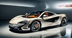 The image shows a McLaren sports car with safety features such as airbags, seat belts, and advanced braking systems prominently displayed.