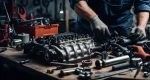 The image shows a mechanic working on a car engine in a workshop, surrounded by tools, parts, and equipment.