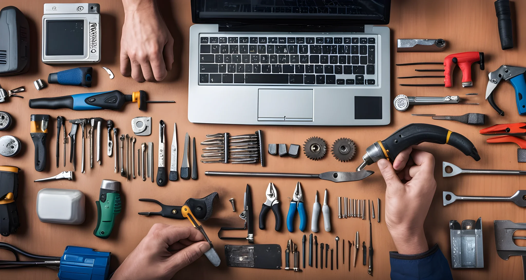 The image shows a mix of repair tools, electronic gadgets, and DIY equipment being used by a diverse group of repairmen in China.