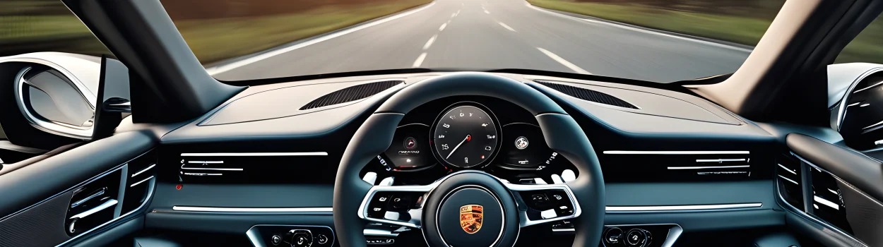 The image shows a modern dashboard of a Porsche vehicle, featuring a touchscreen display, a sleek steering wheel, and advanced digital controls.