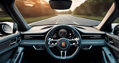 The image shows a modern dashboard of a Porsche vehicle, featuring a touchscreen display, a sleek steering wheel, and advanced digital controls.