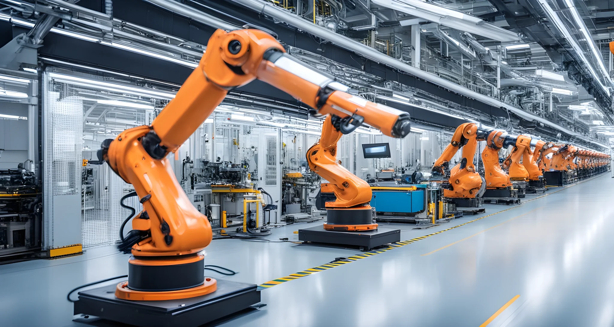 The image shows a modern electric vehicle production line with robotic arms and advanced technology.