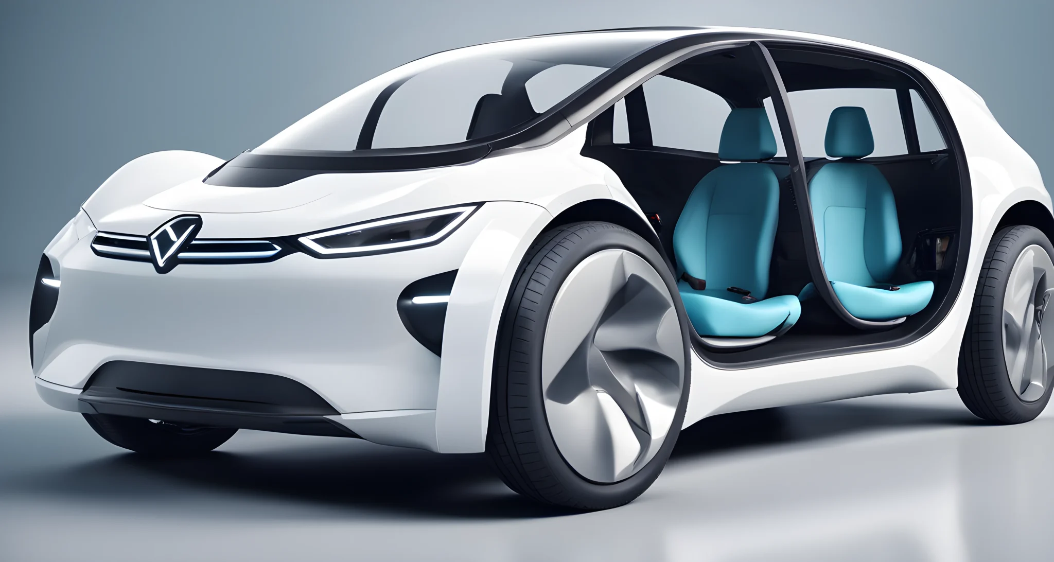 The image shows a modern electric vehicle with advanced safety features, including front and side airbags, automatic emergency braking system, and a high-strength steel frame.