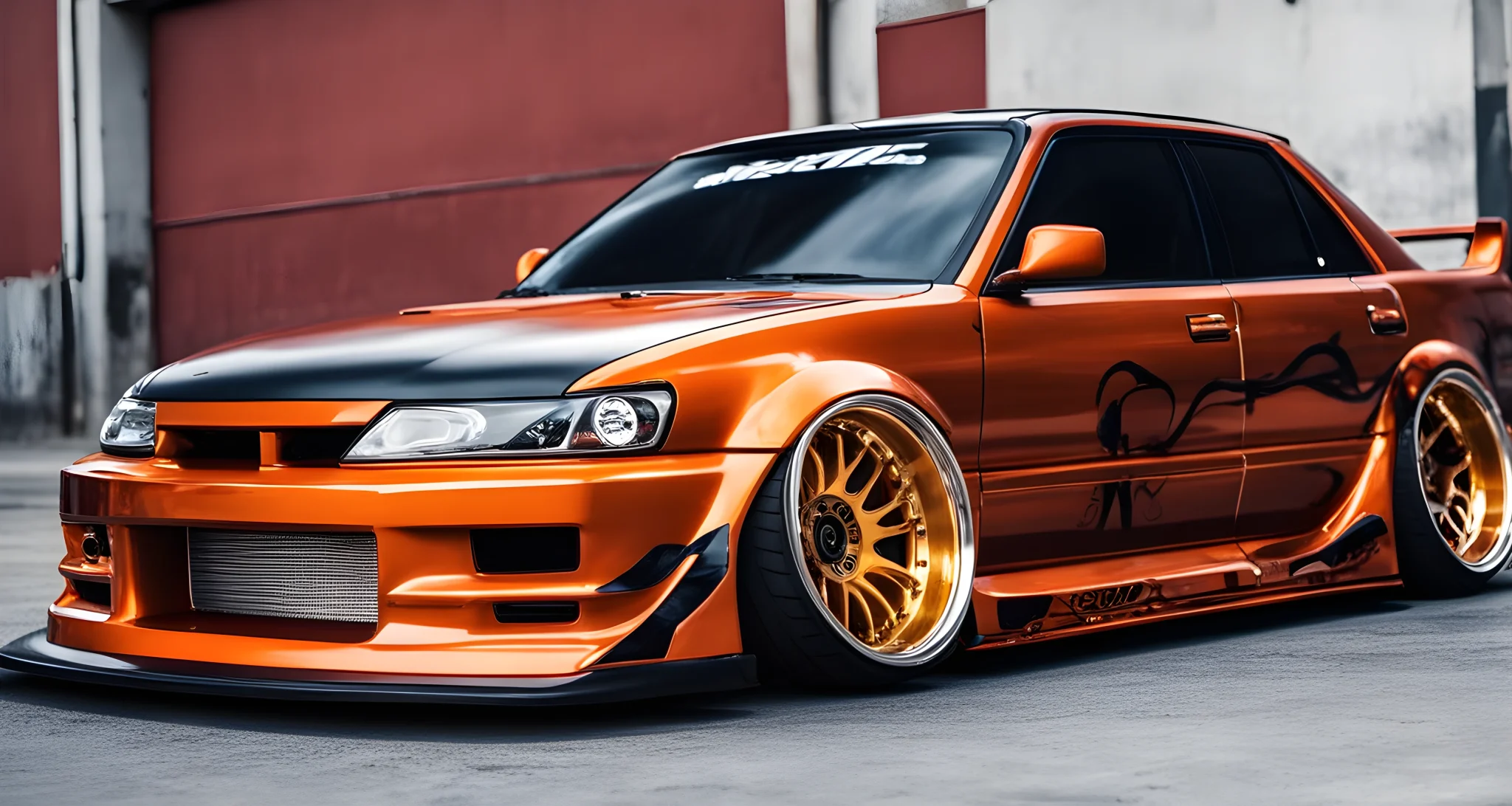 The image shows a modified Japanese tuner car with custom body kit, lowered suspension, and large aftermarket wheels.