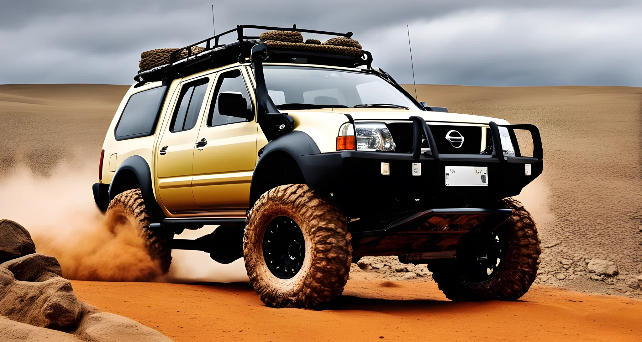 The image shows a Nissan 4x4 vehicle equipped with large off-road tires, a rugged suspension system, and a front-mounted winch.