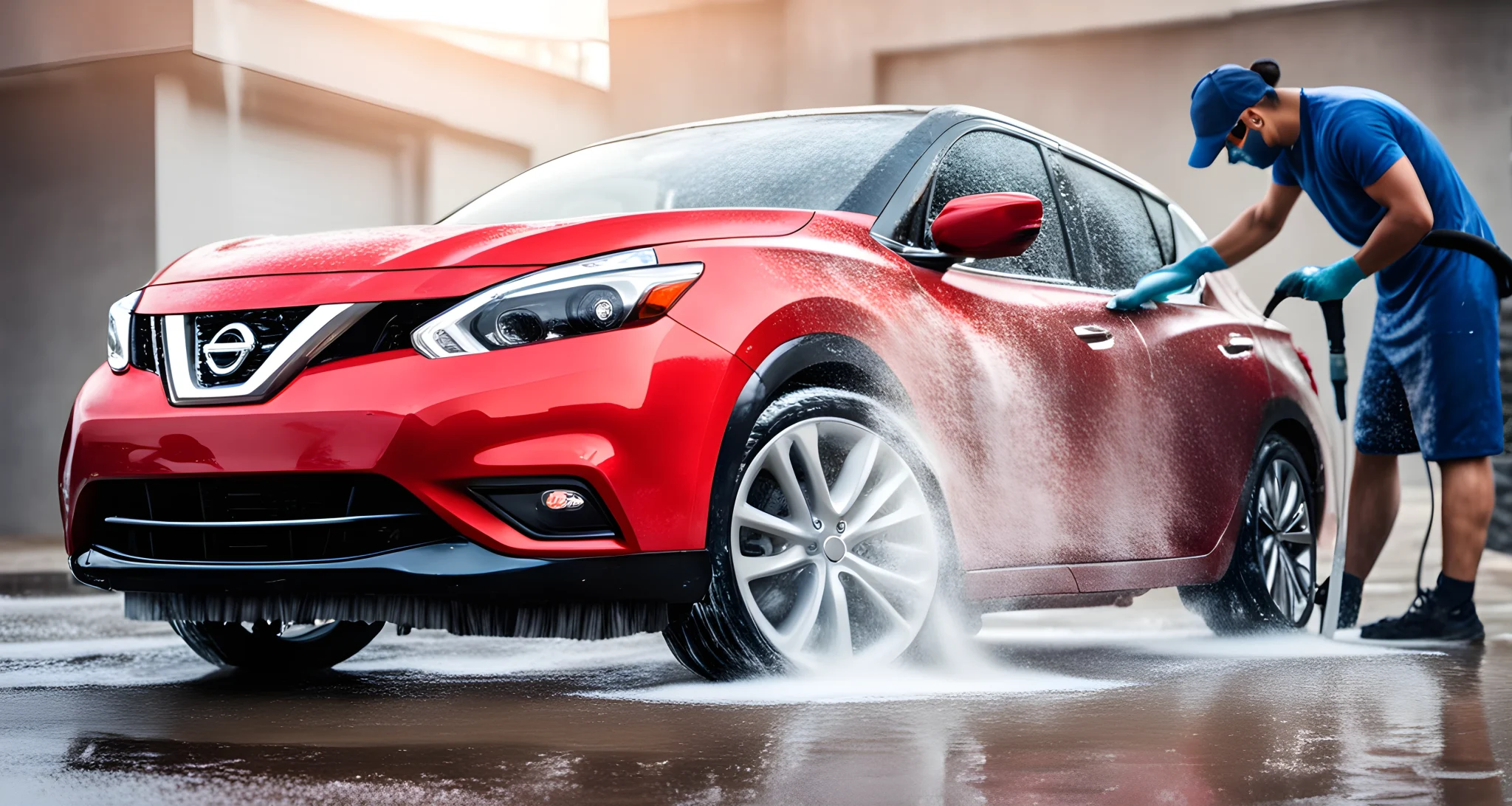 The image shows a Nissan car being washed and cleaned with a foam cannon, microfiber mitt, and car detailing brush.