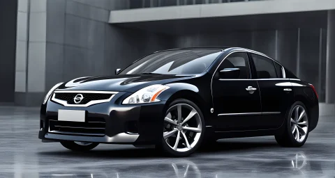 The image shows a Nissan car with a glossy exterior, clean tires, and a detailed interior.