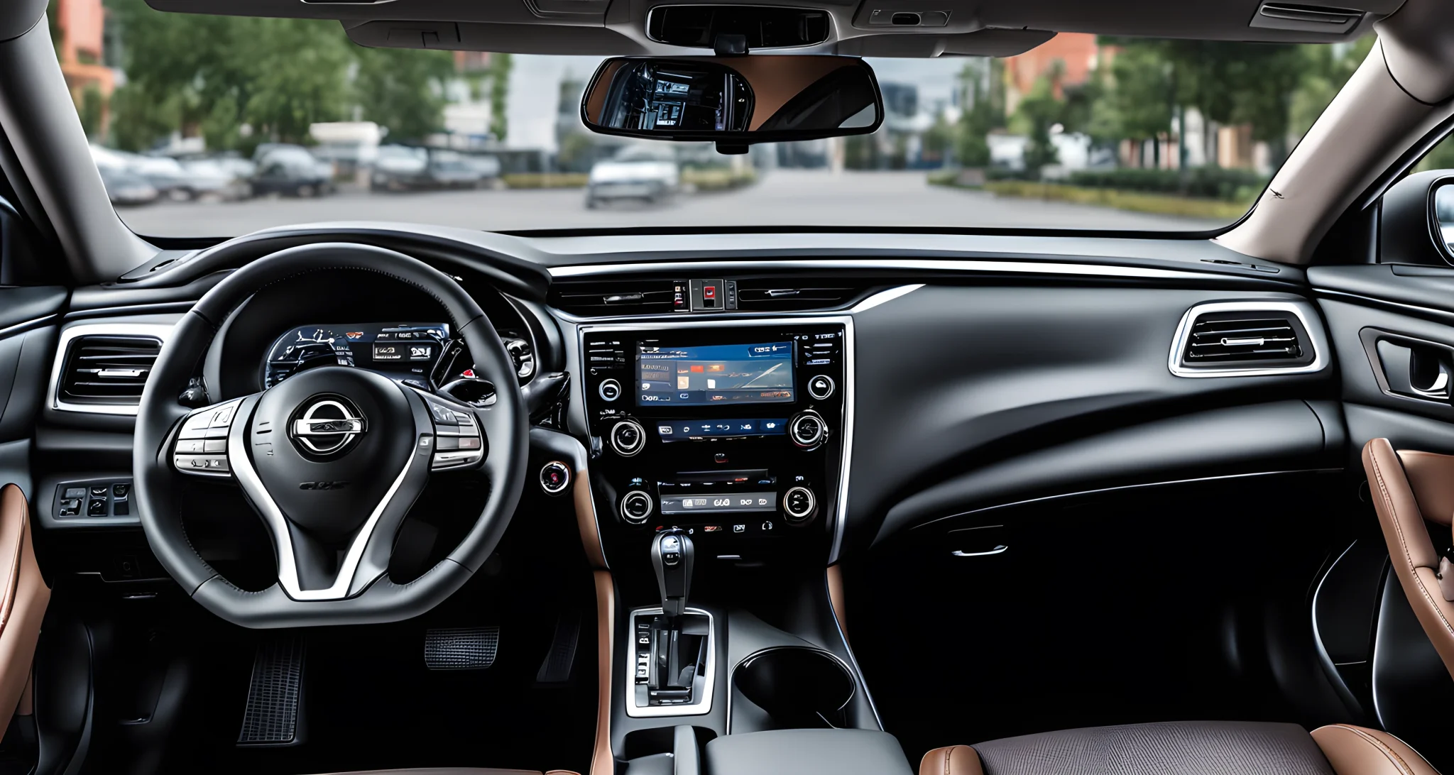 The image shows a Nissan Maxima with a newly installed car stereo system and accessories, including a touch screen display, speakers, and subwoofers.