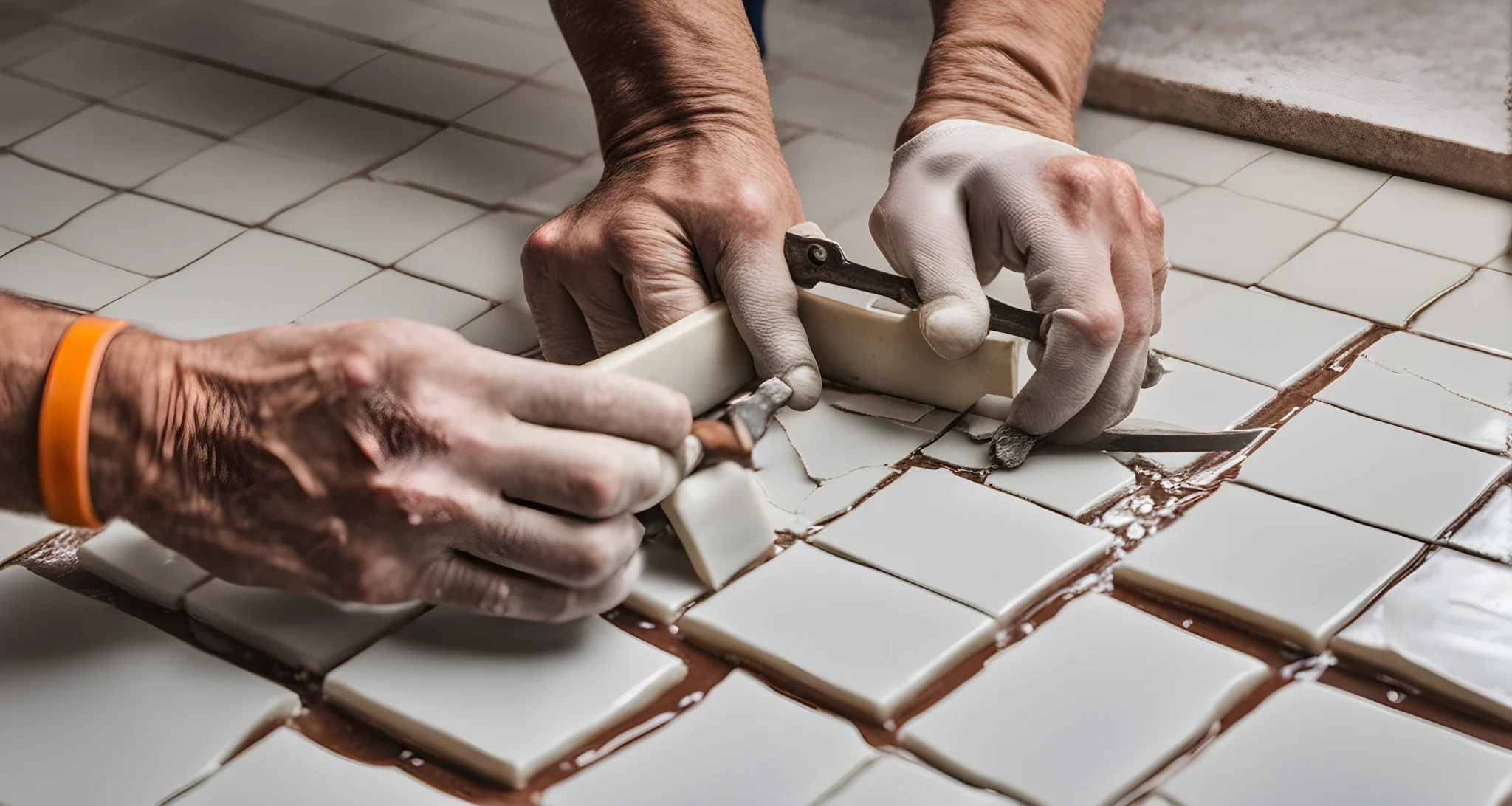 The image shows a pair of hands using epoxy glue to repair a broken ceramic tile, with clamps holding the pieces together.