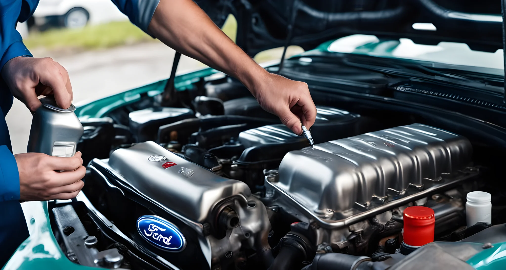 The image shows a person checking the oil and coolant levels in a Ford car engine.