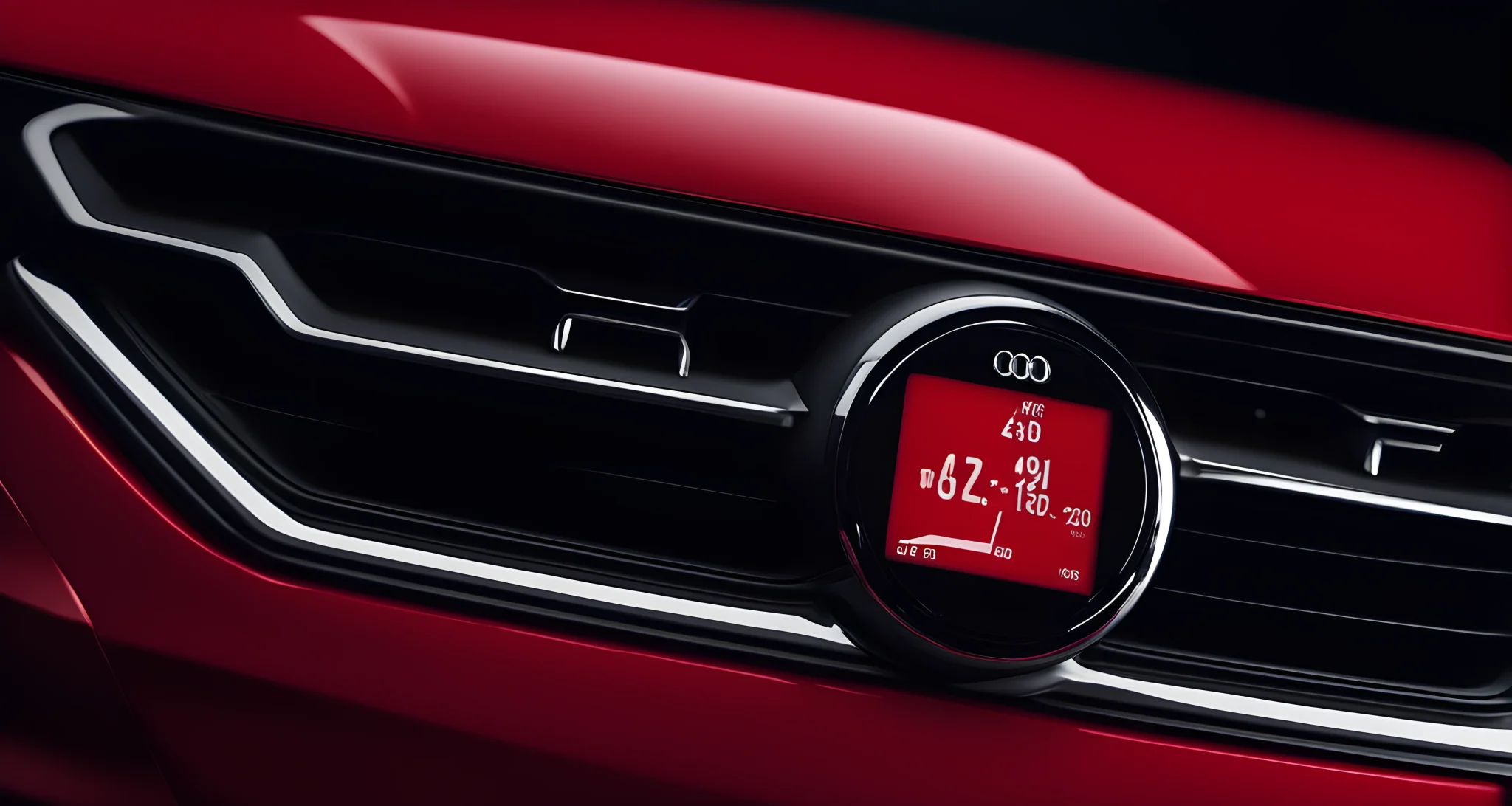 The image shows a red Audi car with a digital display showing the fuel consumption rate.