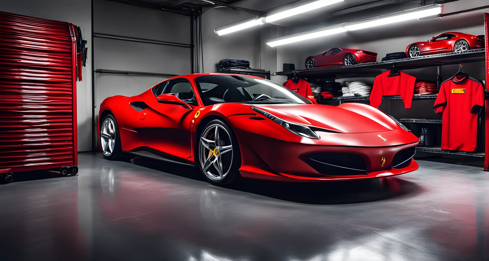 The image shows a red Ferrari luxury sports car parked inside a garage, covered with a car cover. Several car maintenance tools and products are visibly stored on shelves nearby.