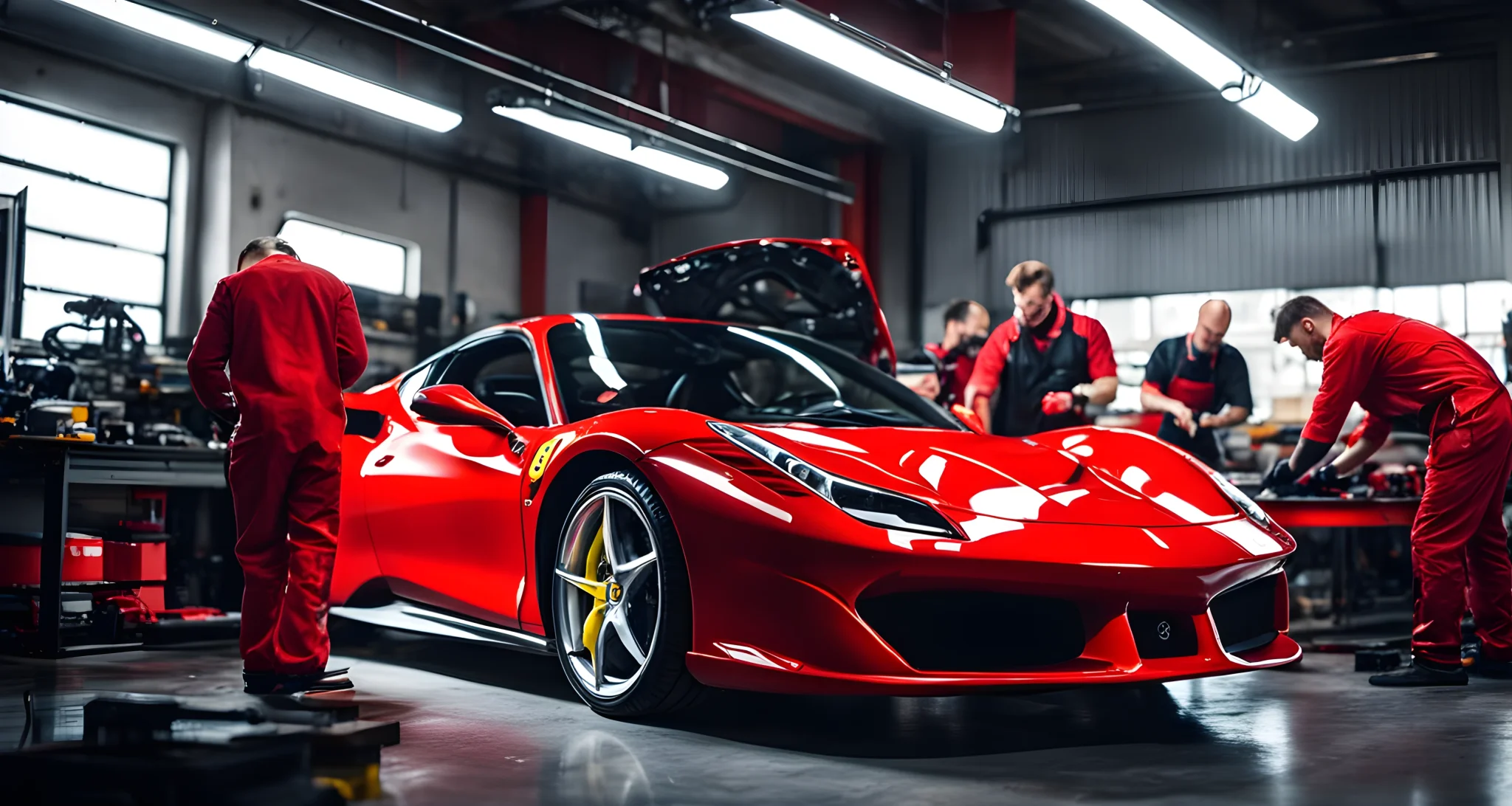 The image shows a red Ferrari sports car parked in a professional auto workshop, with a team of mechanics performing routine maintenance and servicing tasks.