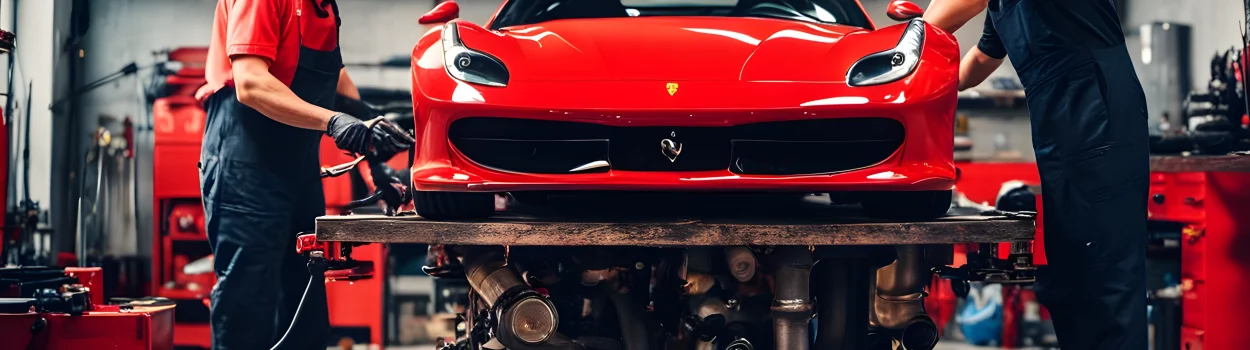 The image shows a red Ferrari sports car with a mechanic performing maintenance work on the engine.