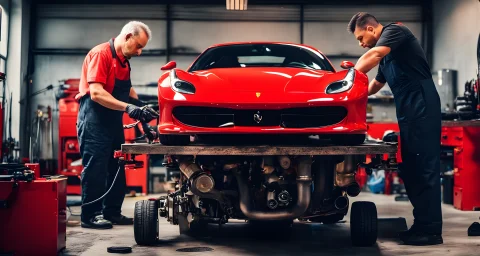 The image shows a red Ferrari sports car with a mechanic performing maintenance work on the engine.