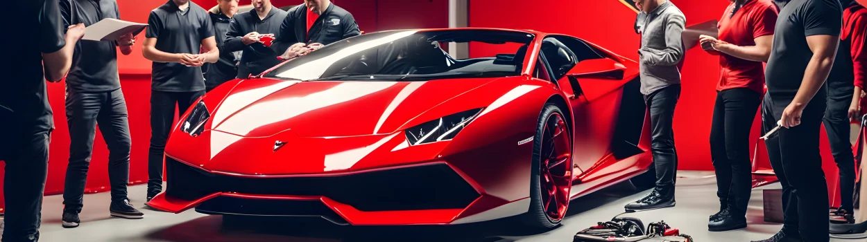 The image shows a red Lamborghini sports car surrounded by a group of people and a mechanic performing a safety inspection.