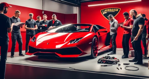 The image shows a red Lamborghini sports car surrounded by a group of people and a mechanic performing a safety inspection.