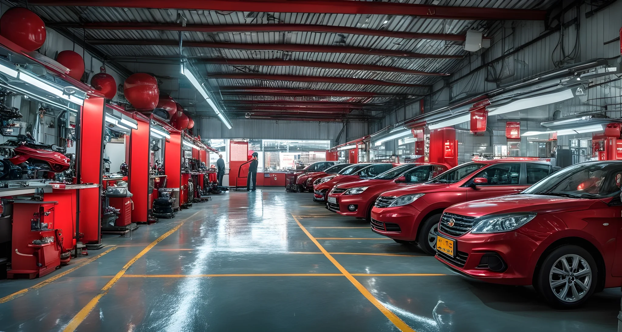 The image shows a row of car detailing and maintenance shops in a bustling city in China. The shops are equipped with modern tools and equipment for servicing vehicles.