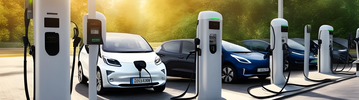 The image shows a row of electric and hybrid vehicles charging at a charging station.