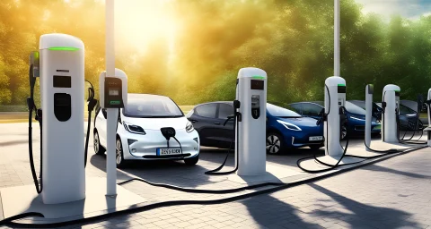 The image shows a row of electric and hybrid vehicles charging at a charging station.