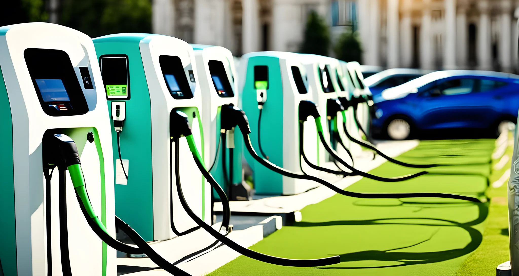 The image shows a row of electric vehicle charging stations at a car show.