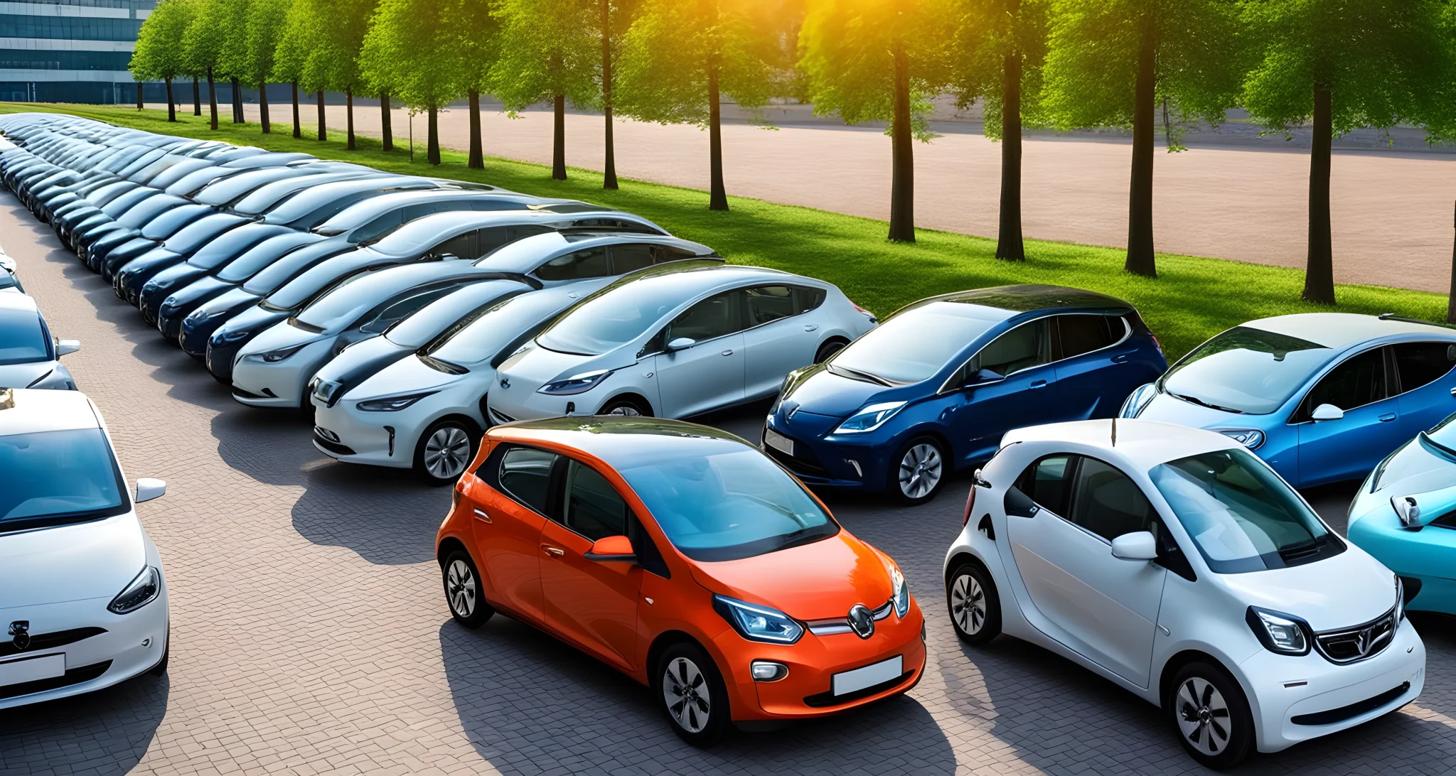 The image shows a row of electric vehicles and hybrid cars parked in a lot.