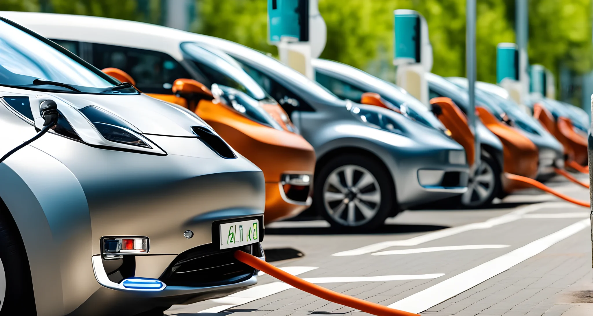 The image shows a row of electric vehicles charging at a charging station.