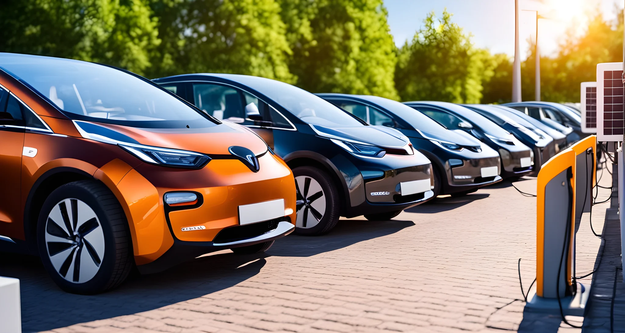 The image shows a row of electric vehicles parked at a charging station, with solar panels in the background.