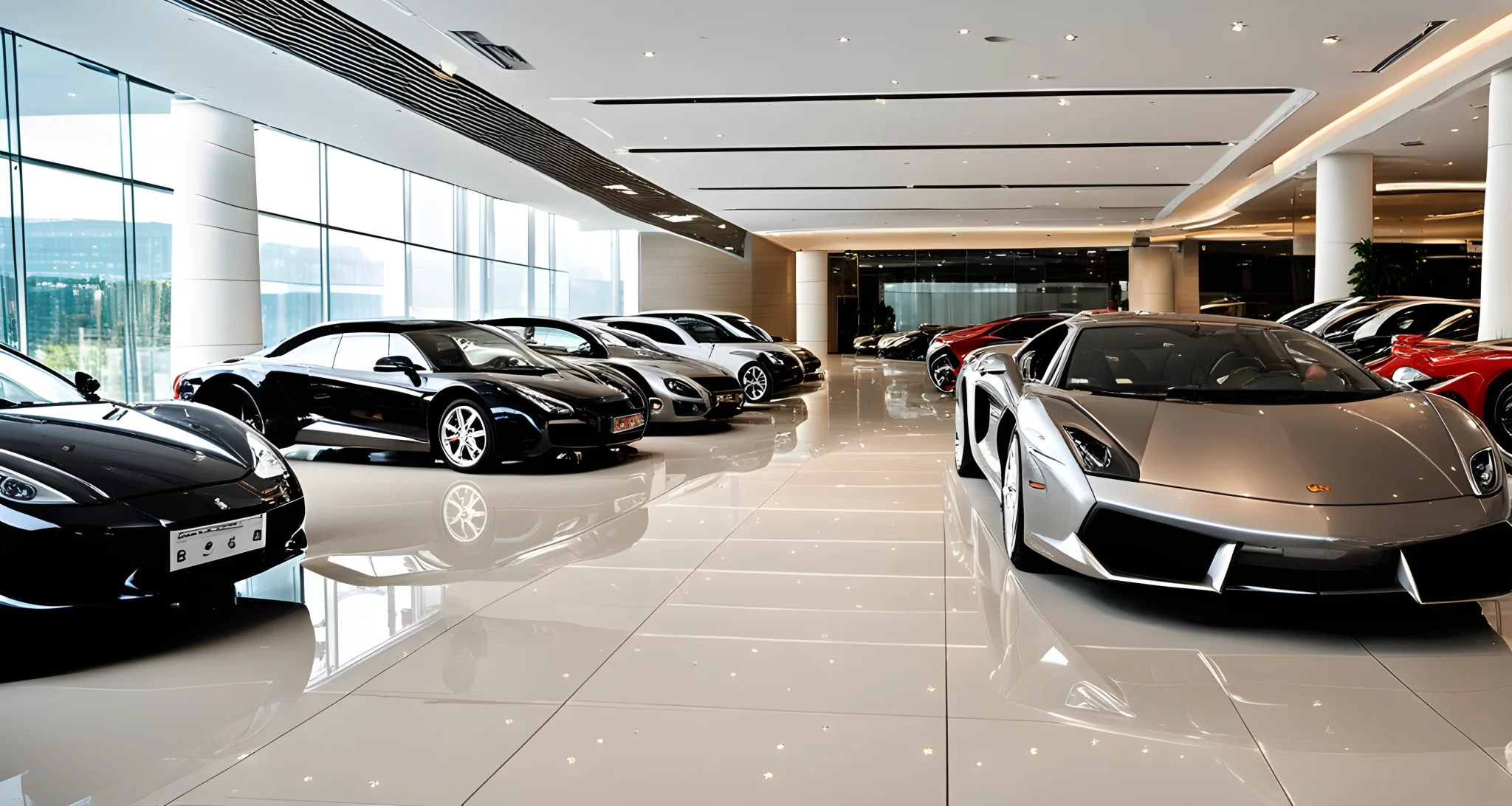 The image shows a row of luxury and exotic cars parked in a high-end car dealership in China.