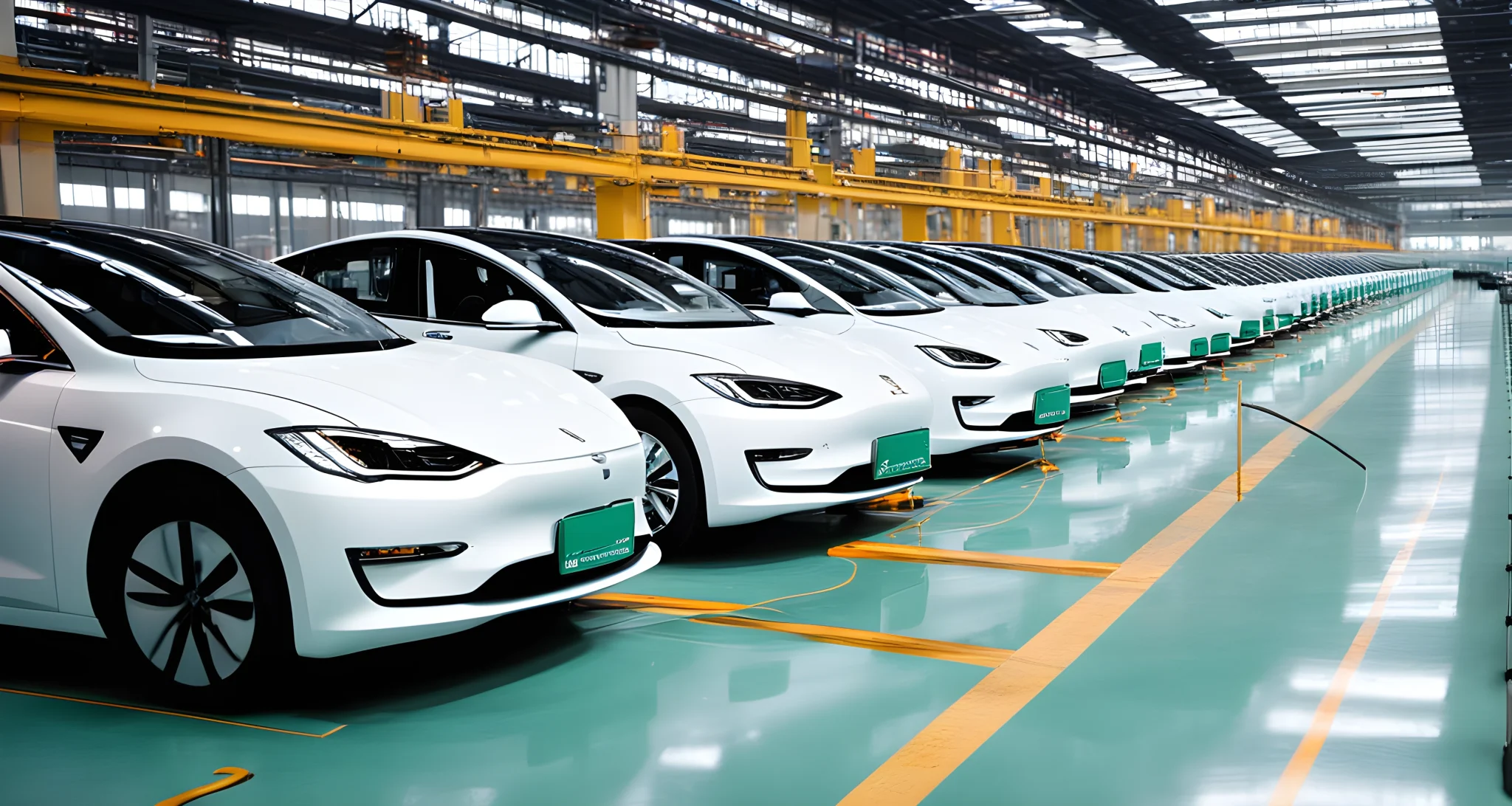 The image shows a row of modern electric cars parked in a manufacturing plant in China.