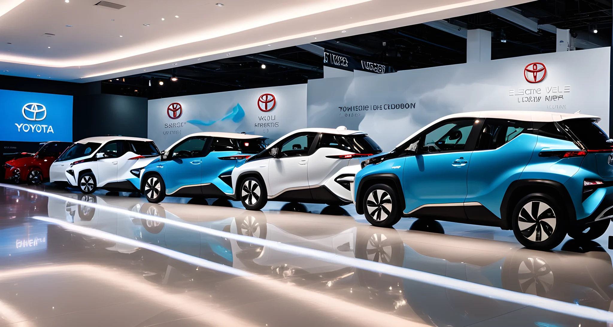 The image shows a row of new Toyota electric vehicles lined up in a showroom, featuring the latest advancements in electric vehicle technology.