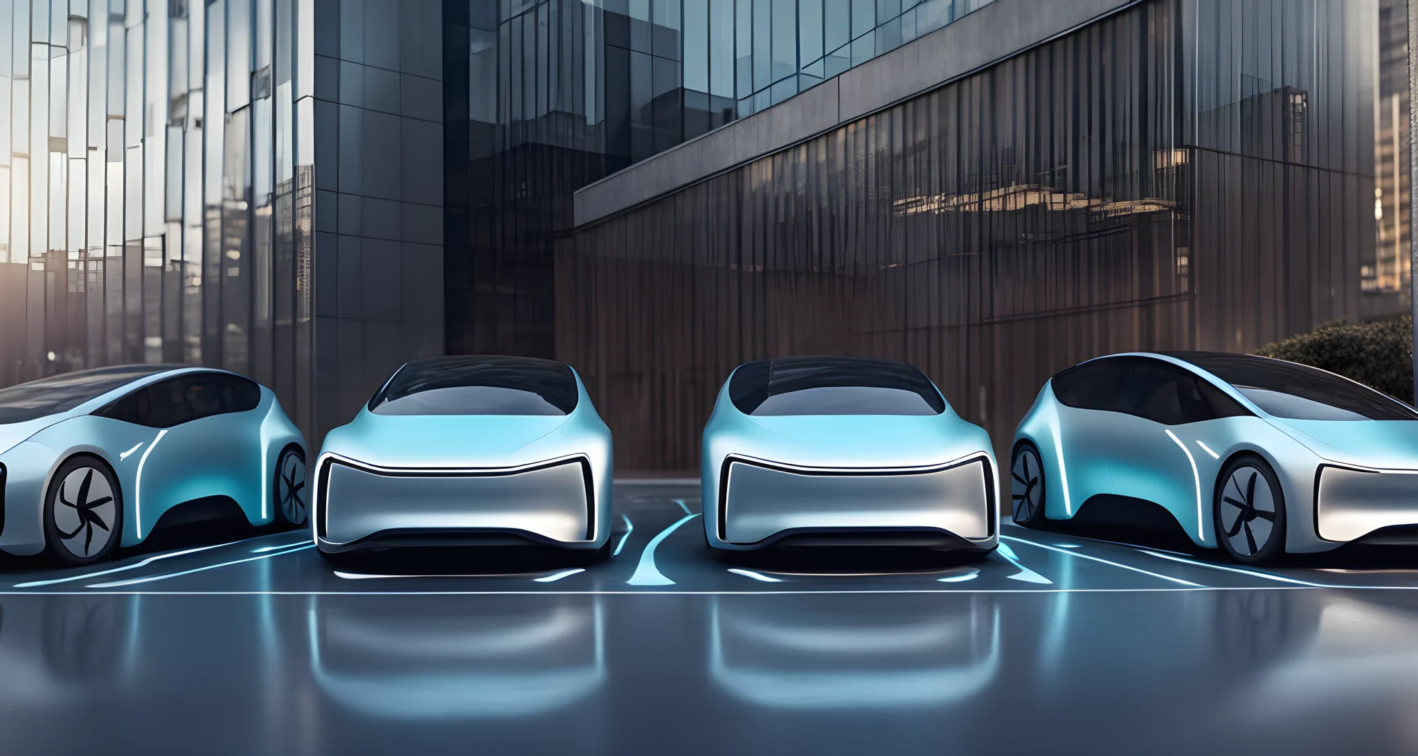 The image shows a row of sleek, futuristic electric vehicles parked at a charging station.