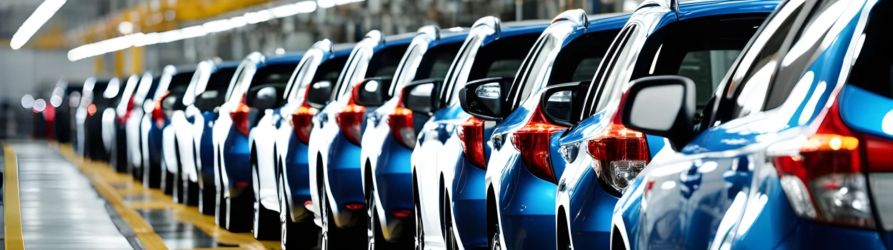 The image shows a row of Toyota vehicles lined up on a production line inside a manufacturing plant.