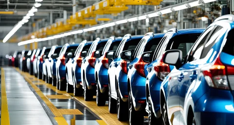 The image shows a row of Toyota vehicles lined up on a production line inside a manufacturing plant.