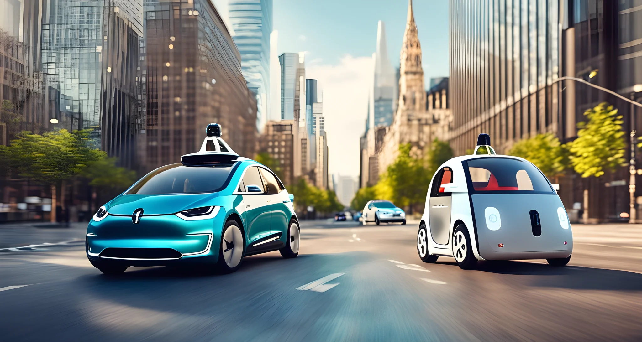 The image shows a self-driving car and an electric vehicle driving side by side on a city street.