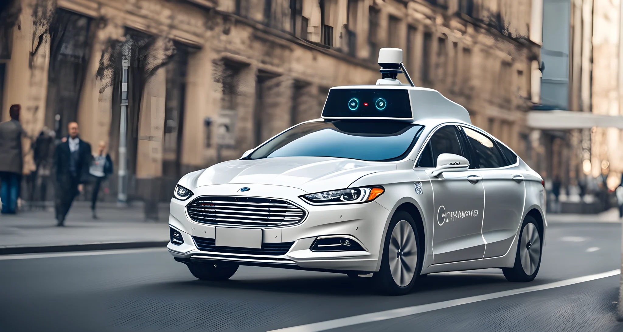 The image shows a self-driving car navigating through a city street, with sensors and cameras mounted on the vehicle's exterior.