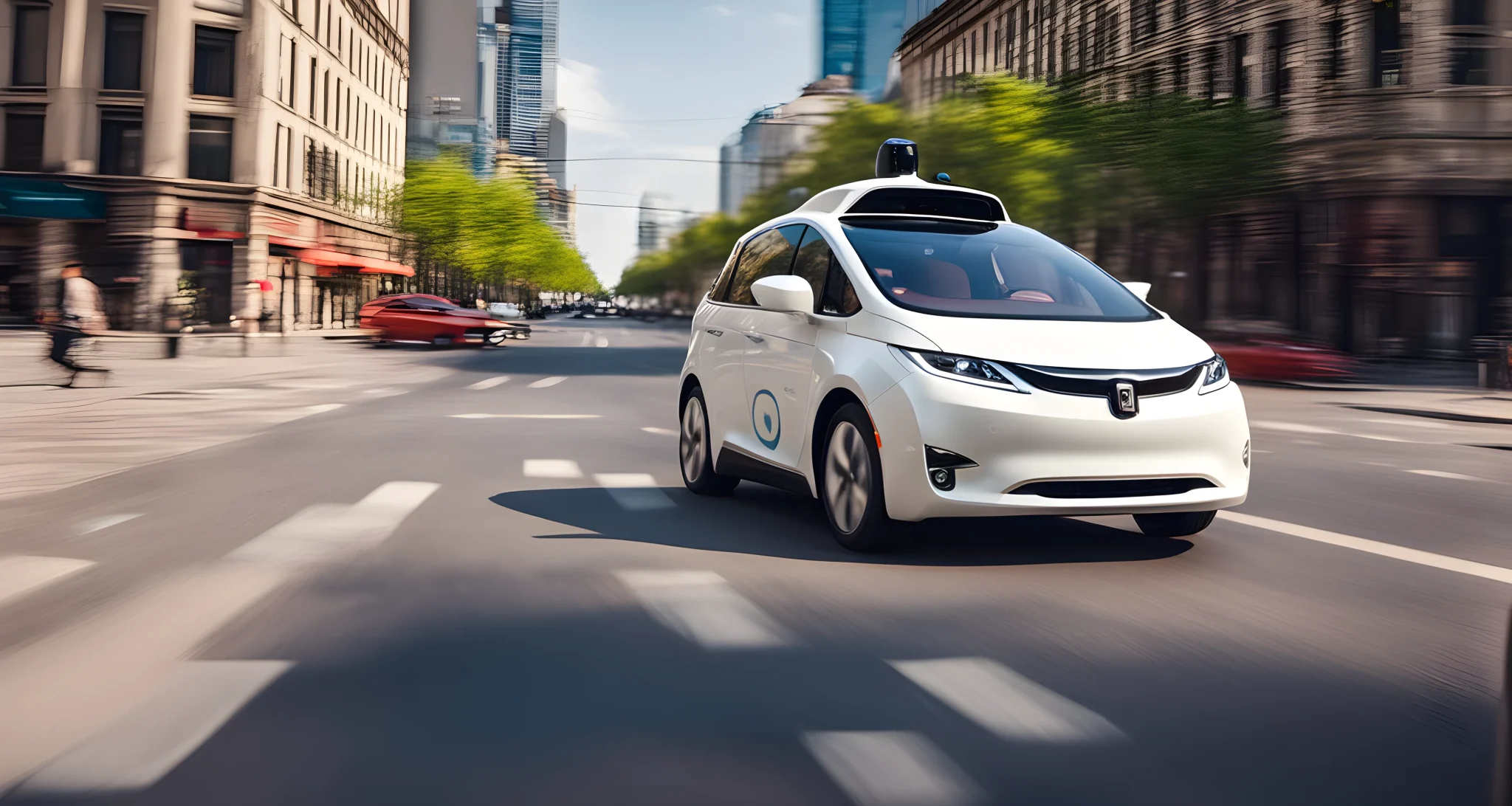 The image shows a self-driving car navigating through city streets with a human driver in the passenger seat.