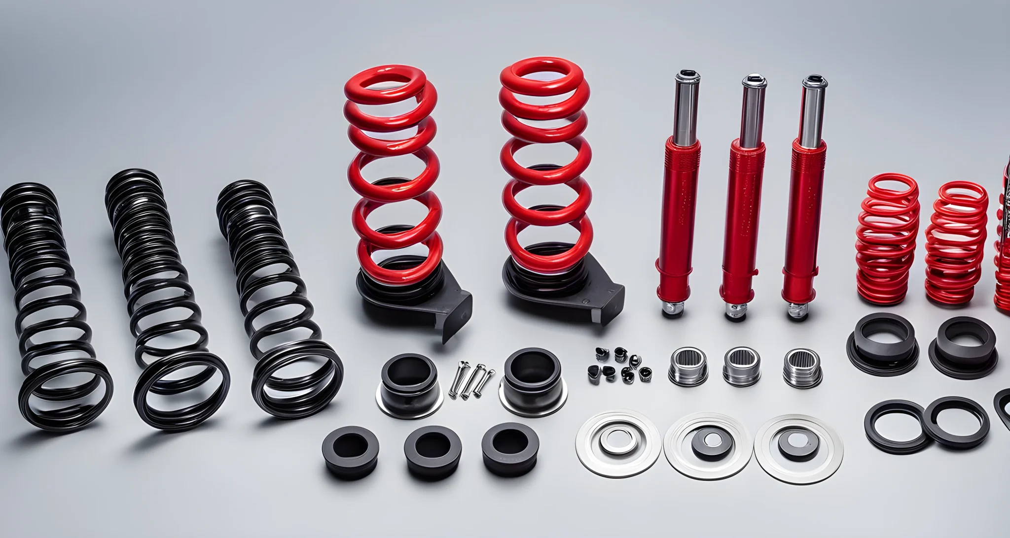 The image shows a set of aftermarket coilover suspension parts for an Audi vehicle.