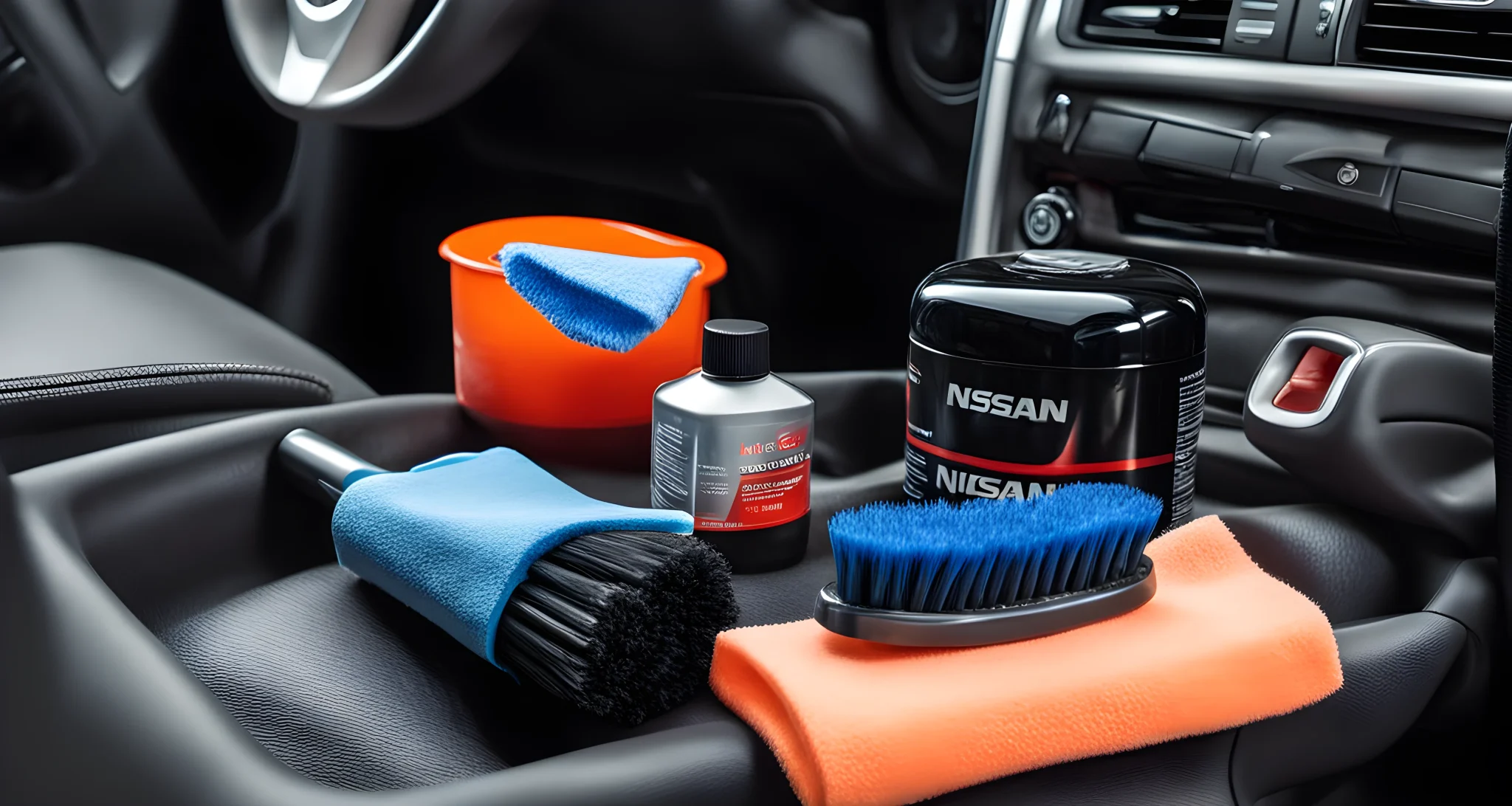 The image shows a set of car care products and tools for cleaning and maintaining the interior of a Nissan vehicle. These include microfiber cloths, interior cleaner, vacuum cleaner, and a dashboard brush.