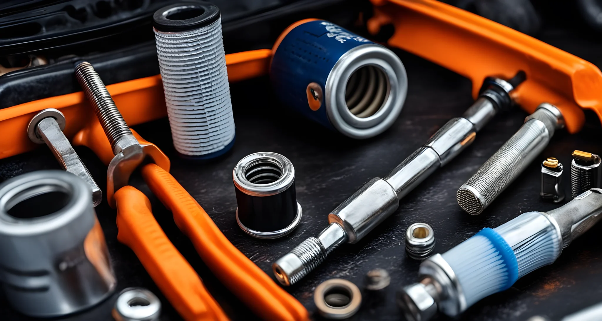 The image shows a set of car maintenance tools, including oil filters, wrenches, and spark plugs.