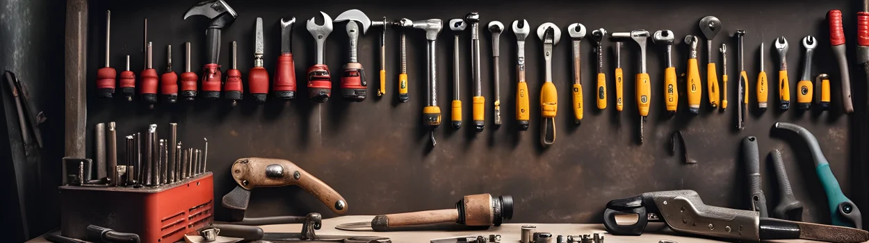 The image shows a set of tools and equipment such as screwdrivers, wrenches, and power drills on a workbench in a workshop in China.