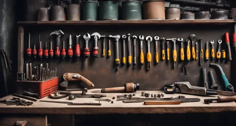 The image shows a set of tools and equipment such as screwdrivers, wrenches, and power drills on a workbench in a workshop in China.
