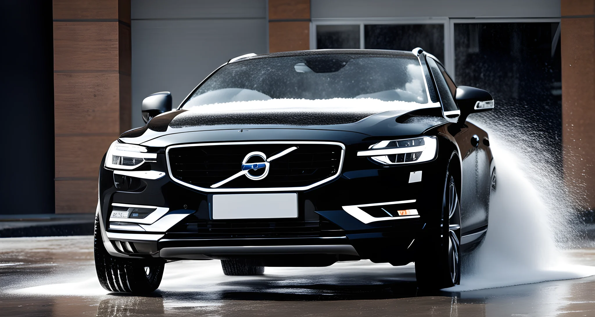 The image shows a shiny black Volvo car being washed with a foam cannon and microfiber mitt.