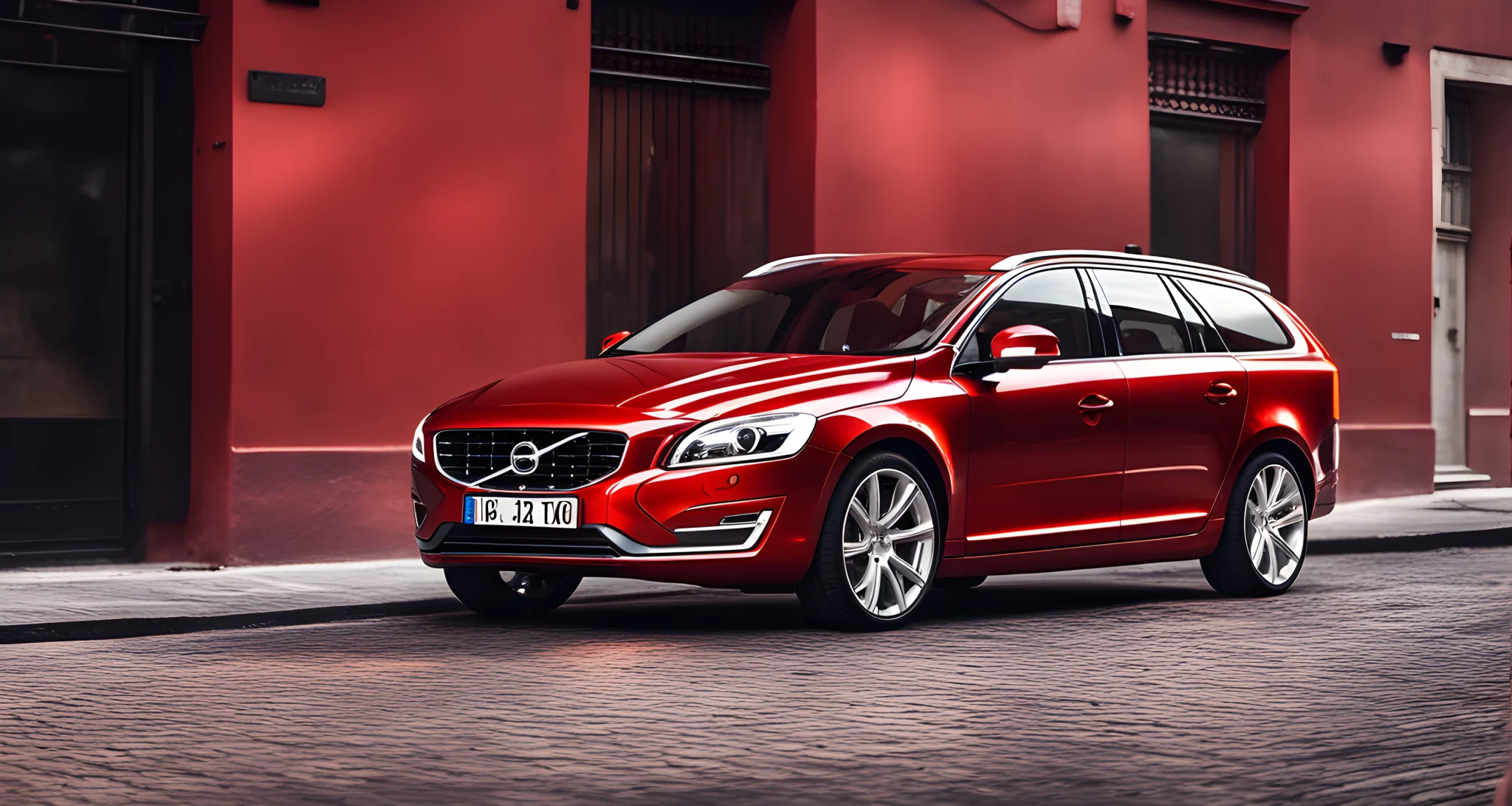 The image shows a shiny, polished red Volvo car with a clean, waxed finish.