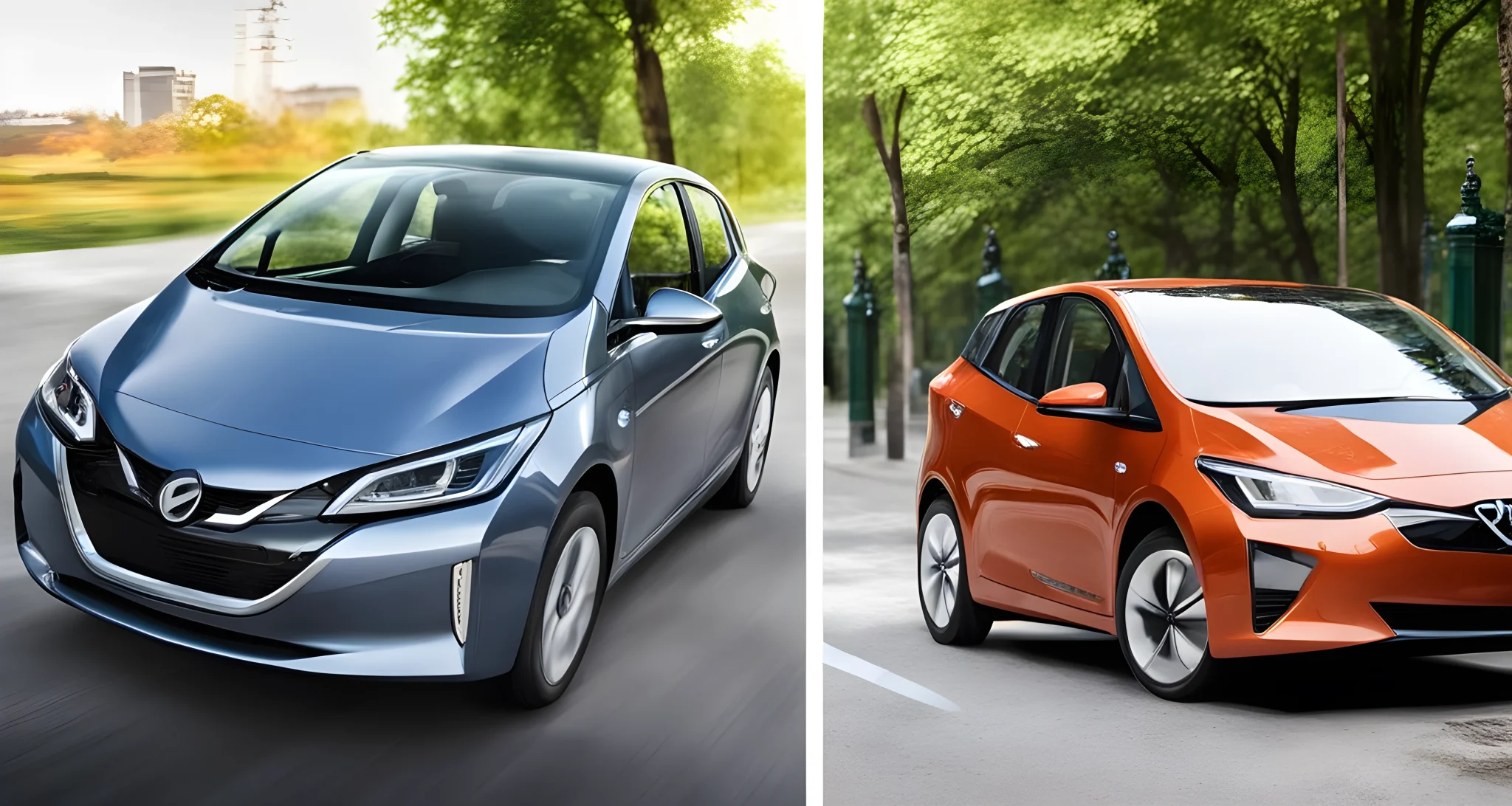 The image shows a side-by-side comparison of an electric vehicle and a hybrid car.