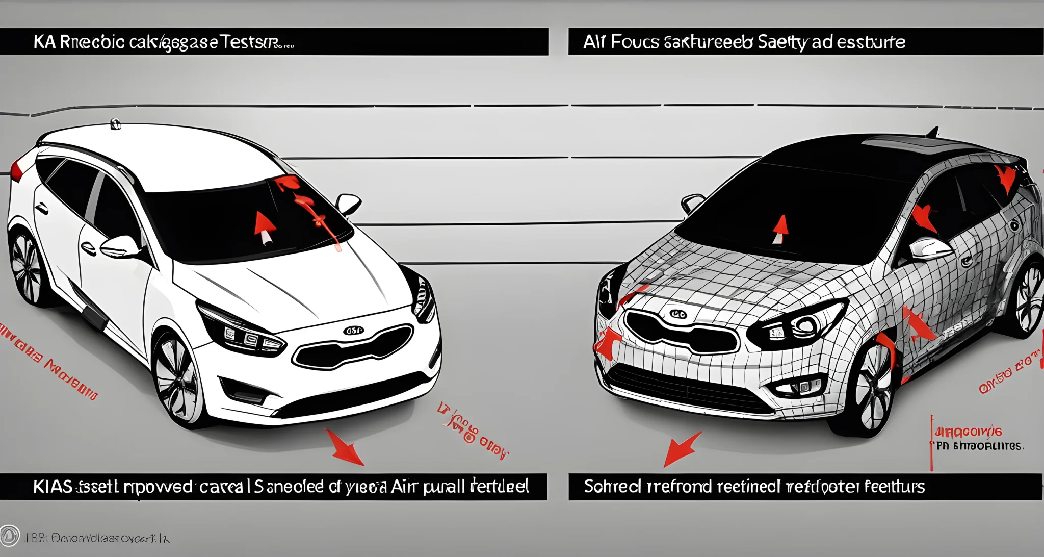 The image shows a side-by-side comparison of the previous and updated safety features in Kia vehicles. The focus is on the improved airbags, reinforced body structure, and updated crash test results.