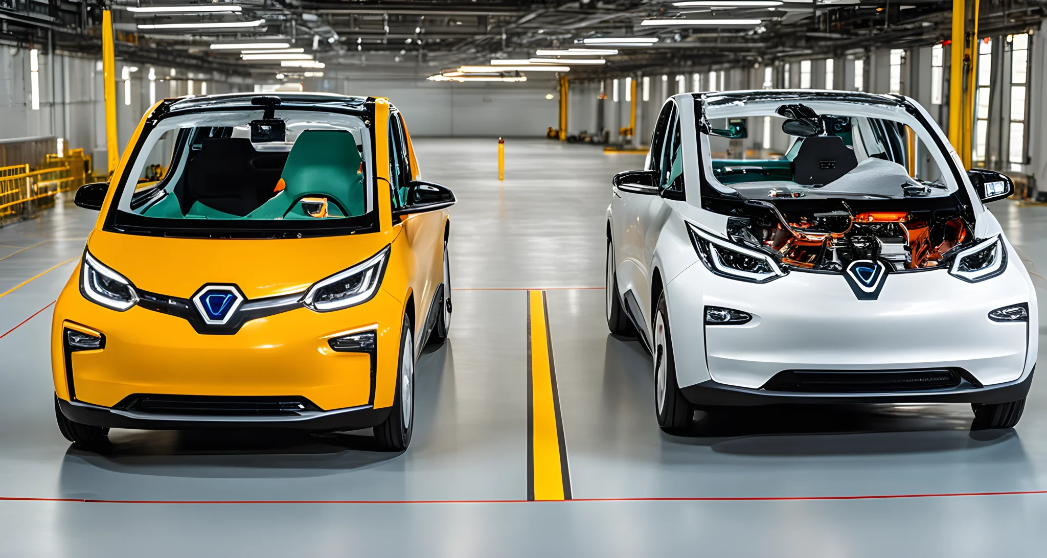 The image shows a side-by-side comparison of two electric vehicles during a crash test, highlighting the design differences in their structure and impact protection.