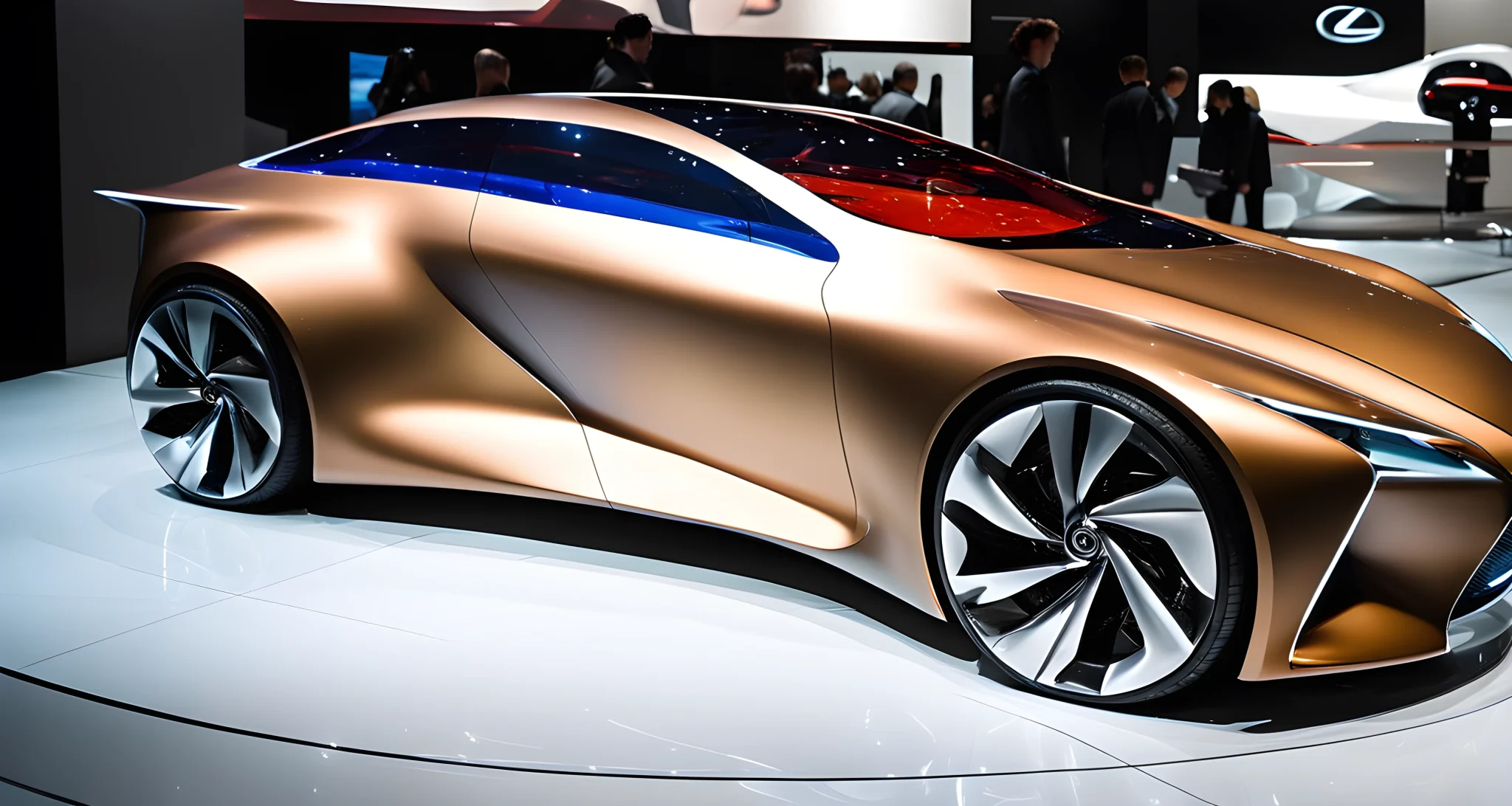 The image shows a sleek and futuristic Lexus concept car on display at an automotive expo. The car features distinctive aerodynamic lines and a bold, innovative design.